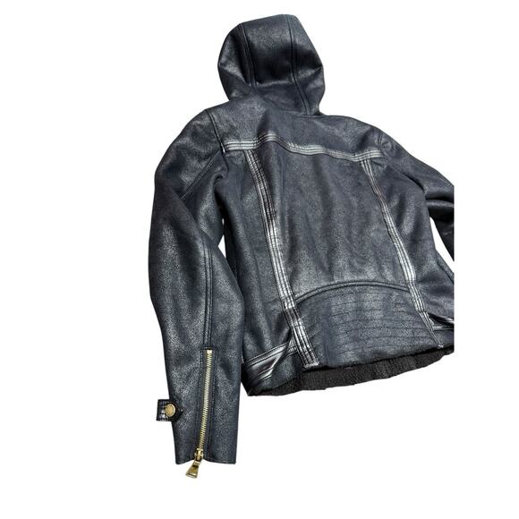 Express Faux Leather Hooded Moto Jacket Black Gold Zip Details Size Large - Picture 7 of 10